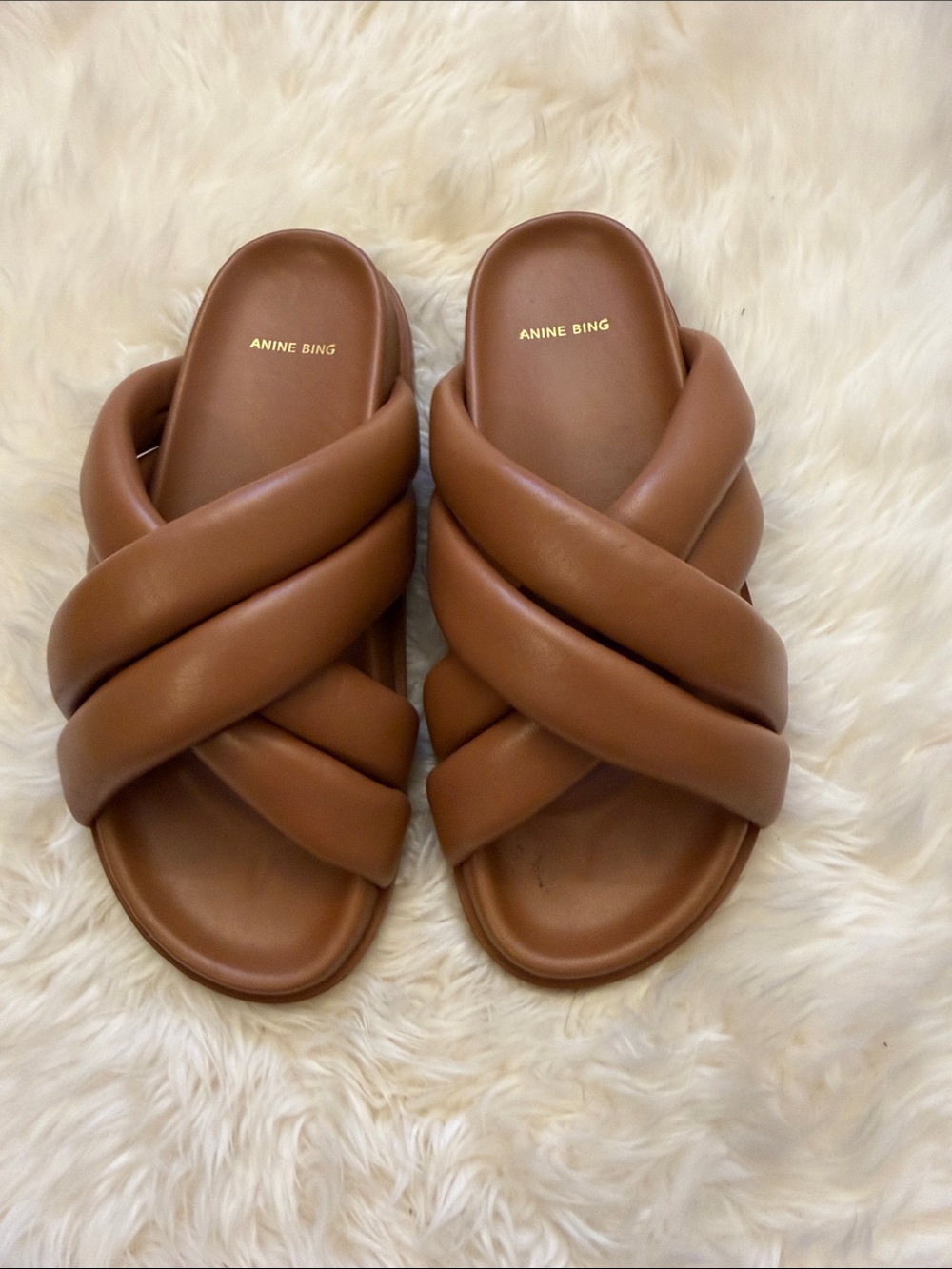 Anine Bing Cognac Crisscross Padded Slide Sandals
